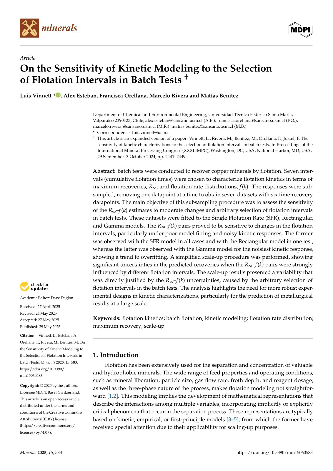 First page of On the Sensitivity of Kinetic Modeling to the Selection of Flotation Intervals in Batch Tests "2279