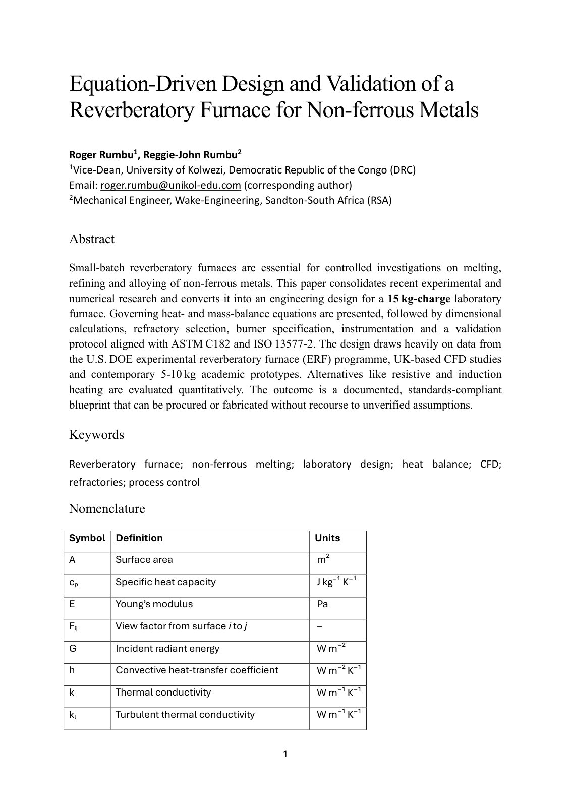 First page of Equation Driven Design and Validation of a Reverberatory Furnace for Non ferrous Metals