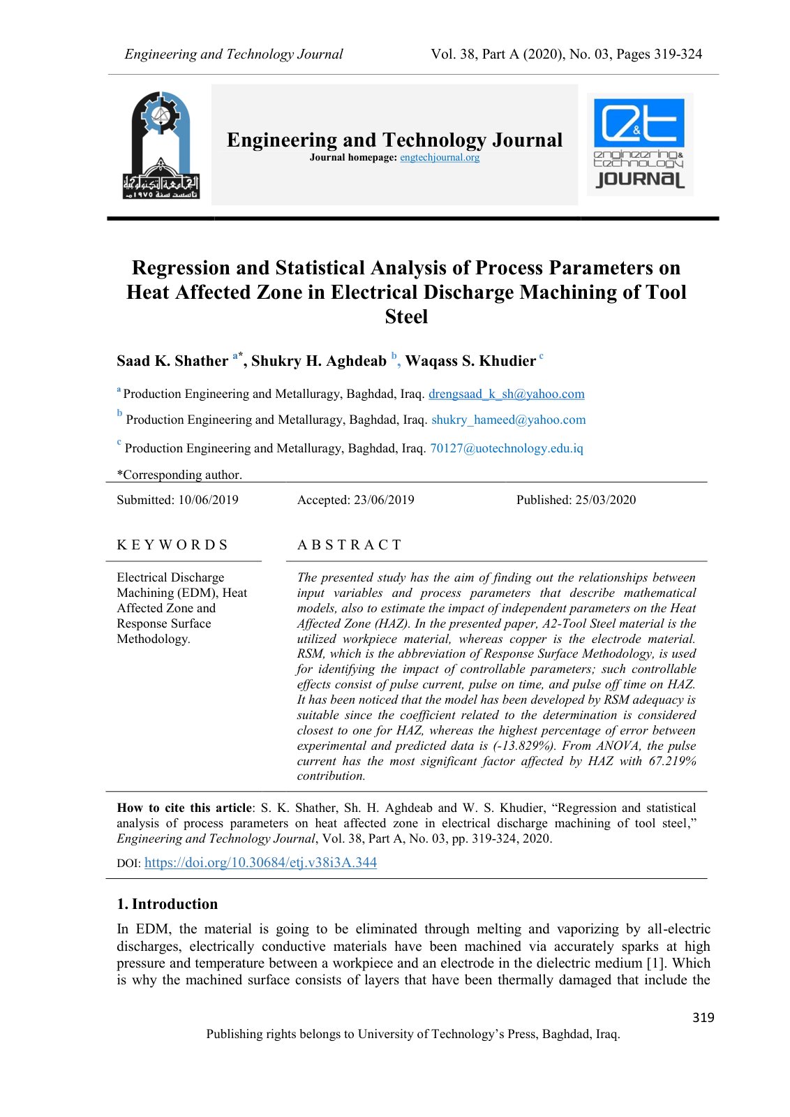 First page of Regression and Statistical Analysis of Process Parameters on Heat Affected Zone in Electrical Discharge Machining of Tool Steel