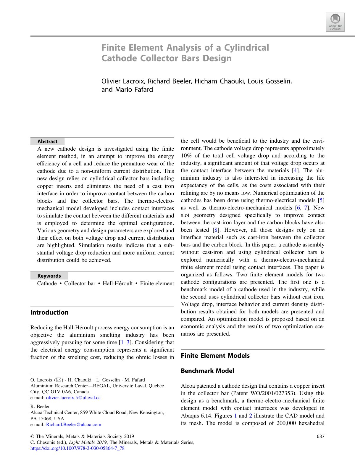 First page of Finite Element Analysis of a Cylindrical Cathode Collector Bars Design