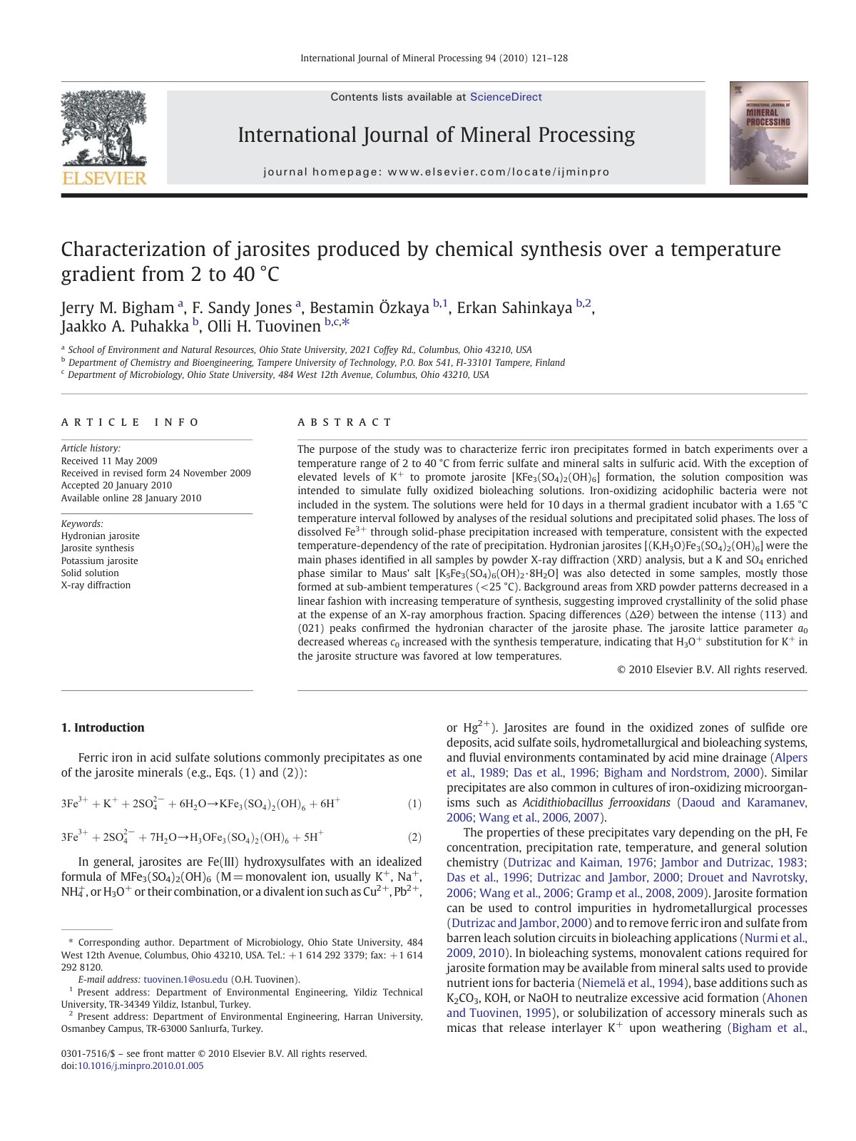 First page of Characterization of jarosites produced by chemical synthesis over a temperature gradient from 2 to 40 °C