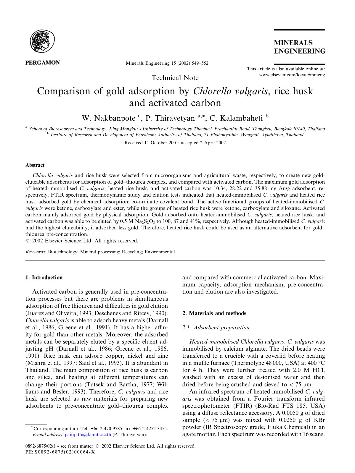 First page of Comparison of gold adsorption by Chlorella vulgaris, rice husk and activated carbon