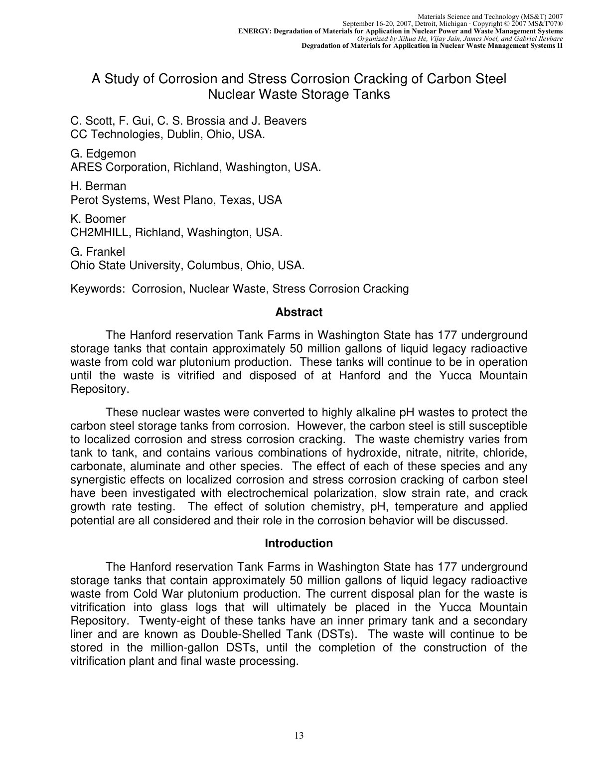 First page of A Study of Corrosion and Stress Corrosion Cracking of Carbon Steel Nuclear Waste Storage Tanks