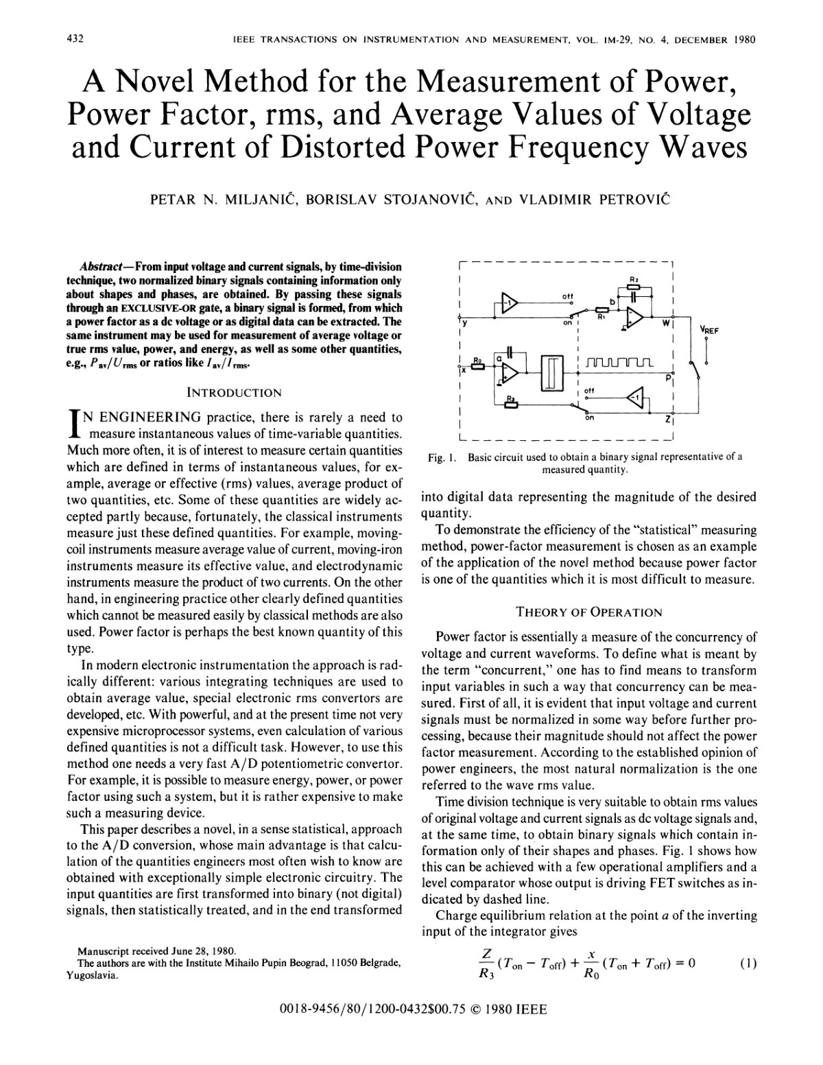 First page of ANovel Method for theMeasurementofPower, Power Factor, rms, and Average Values of Voltage and Current of Distorted Power Frequency Waves