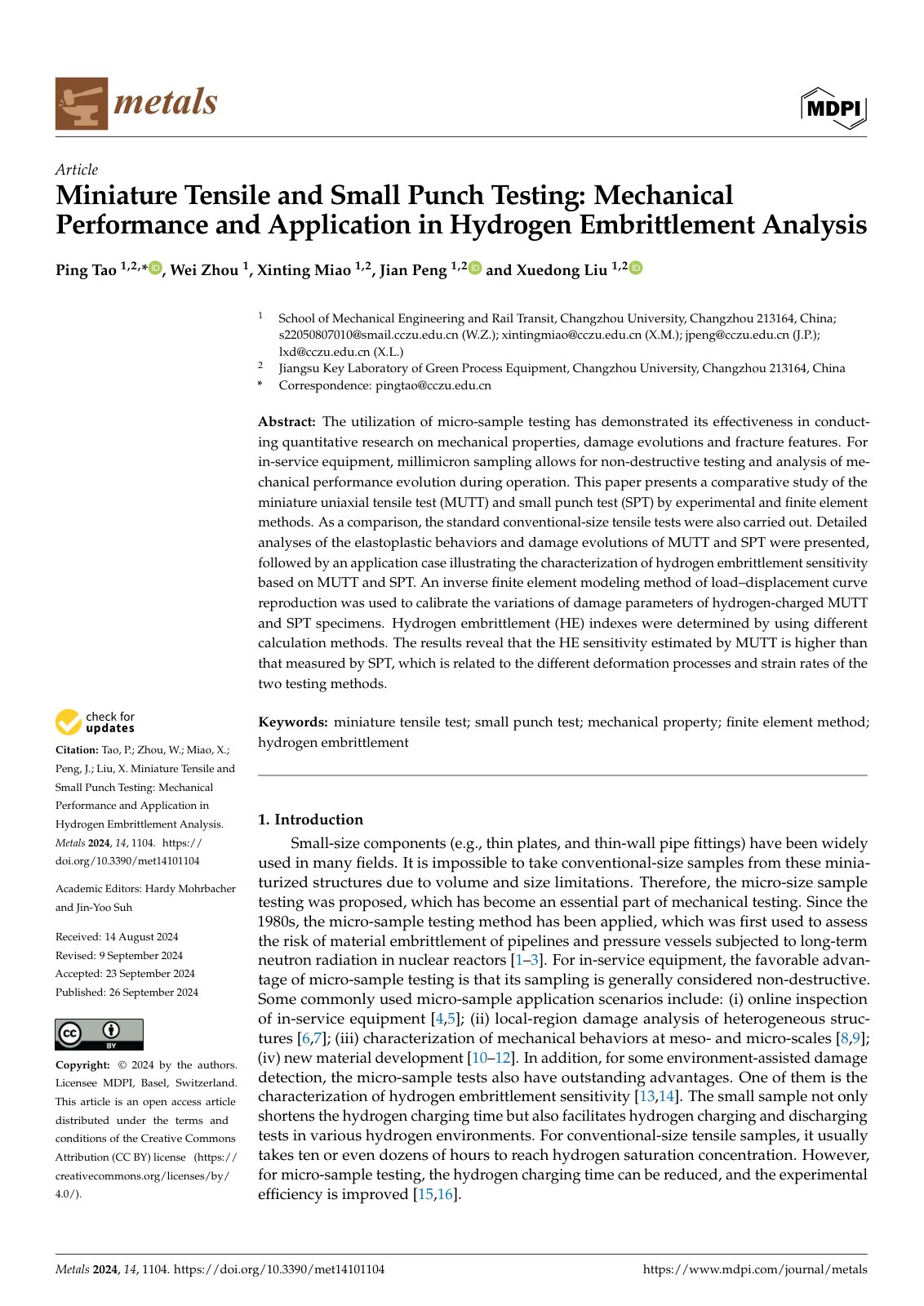 First page of Miniature Tensile and Small Punch Testing: Mechanical Performance and Application in Hydrogen Embrittlement Analysis