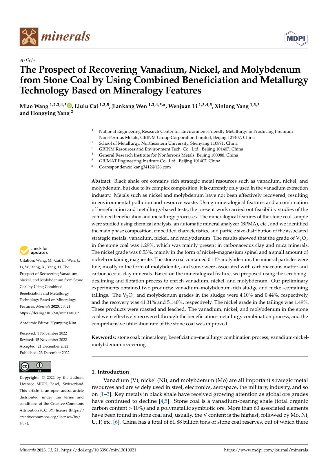 First page of The Prospect of Recovering Vanadium, Nickel, and Molybdenum from Stone Coal by Using Combined Beneficiation and Metallurgy Technology Based on Mineralogy Features