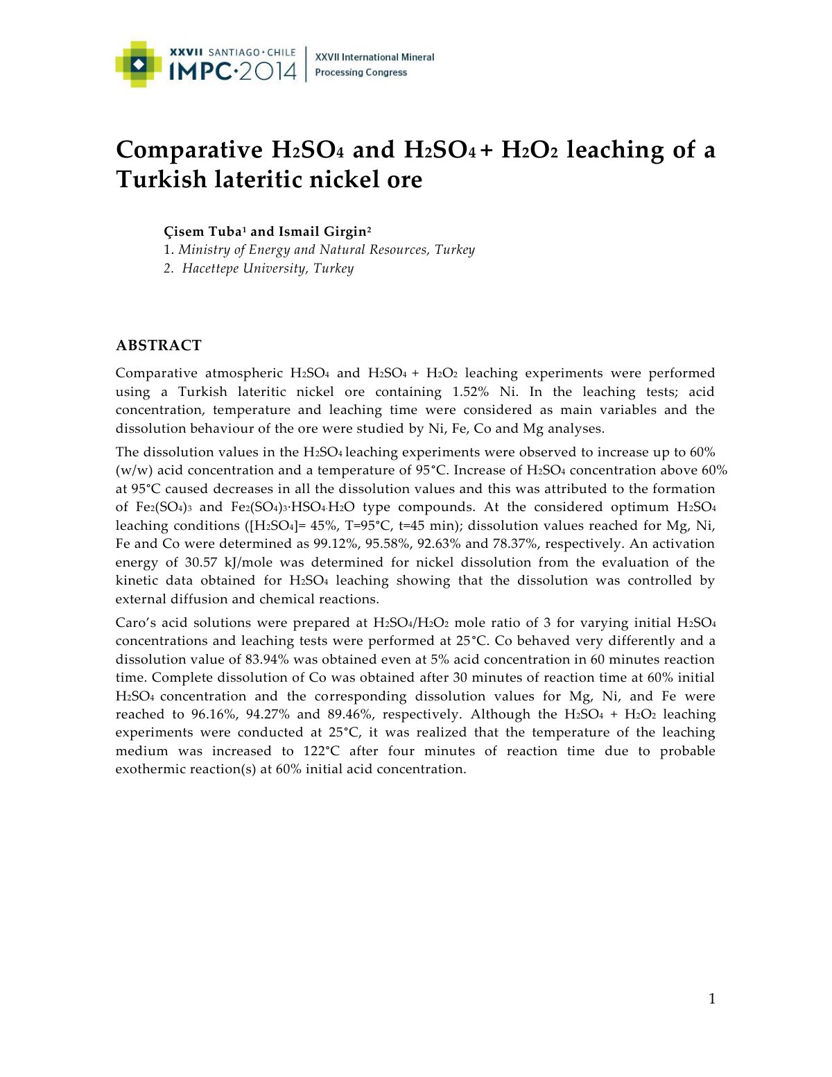 First page of Comparative H2SO4 and H2SO4 + H2O2 leaching of a Turkish lateritic nickel ore