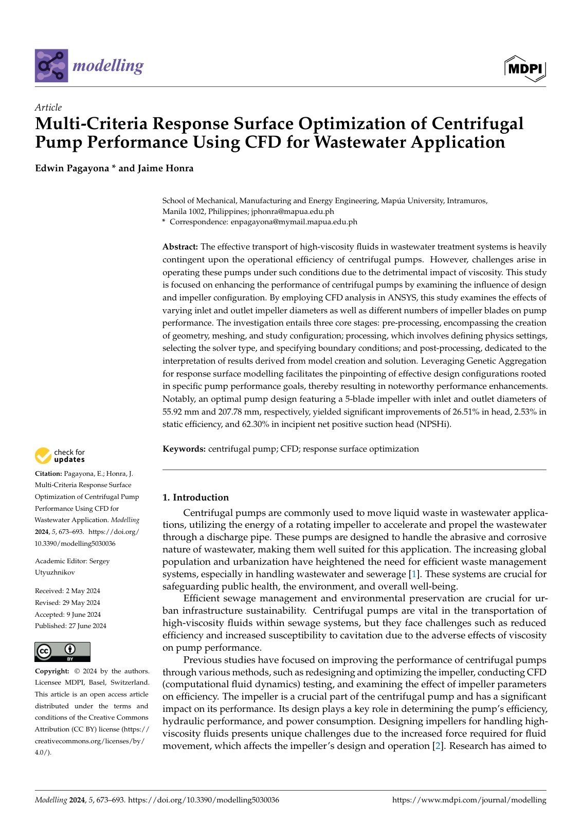 First page of Multi-Criteria Response Surface Optimization of Centrifugal Pump Performance Using CFD for Wastewater Application