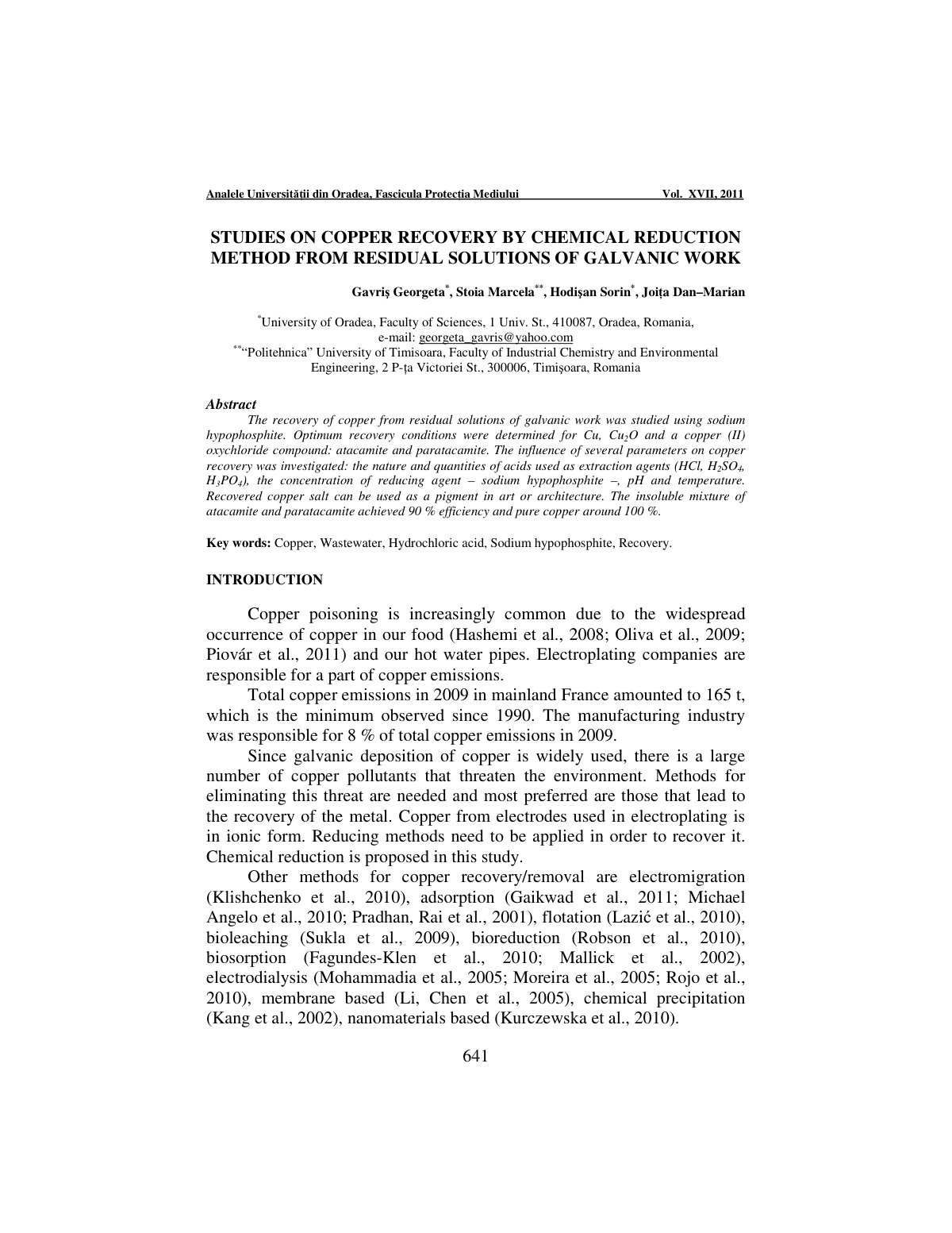 First page of Studies on Copper Recovery by Chemical R
