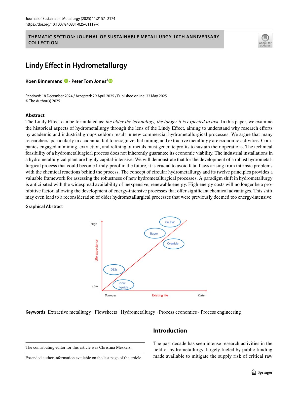 First page of 2025 Binnemans Lindy Effect Hydrometallurgy