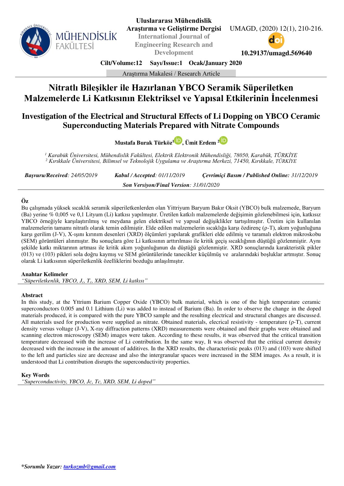 First page of Investigation of the Electrical and Structural Effects of Li Dopping on YBCO Ceramic Superconducting Materials Prepared with Nitrate Compounds