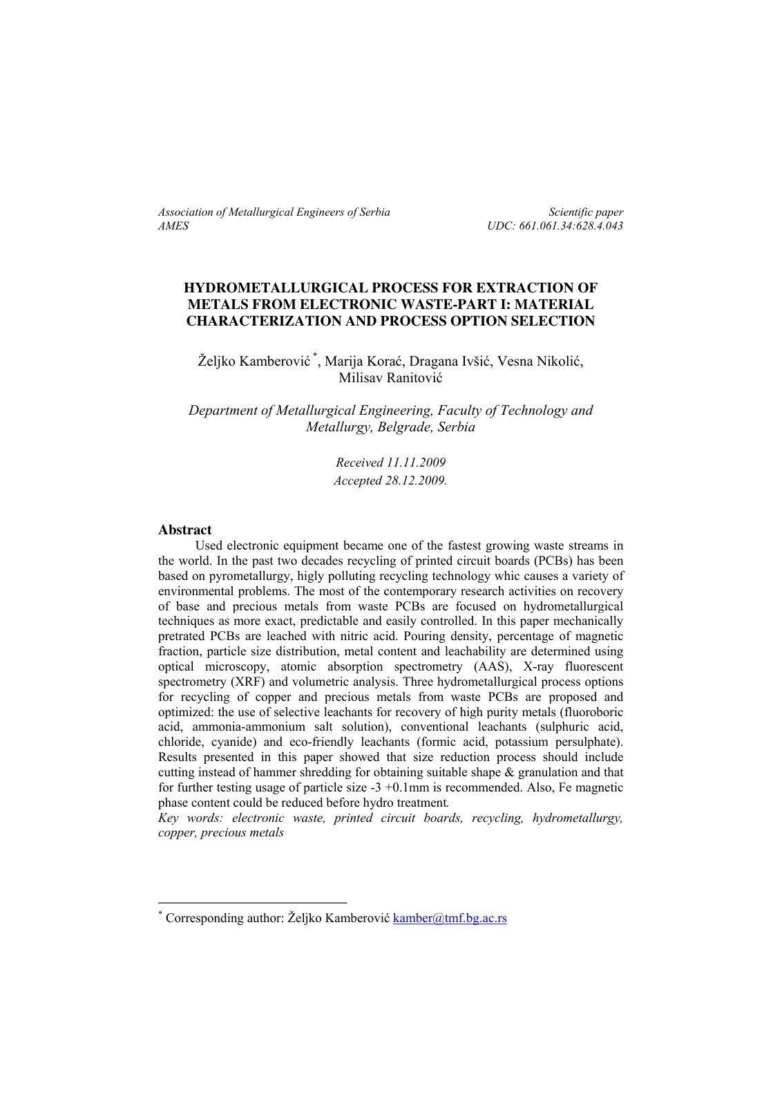First page of Hydrometallurgical process for extractio