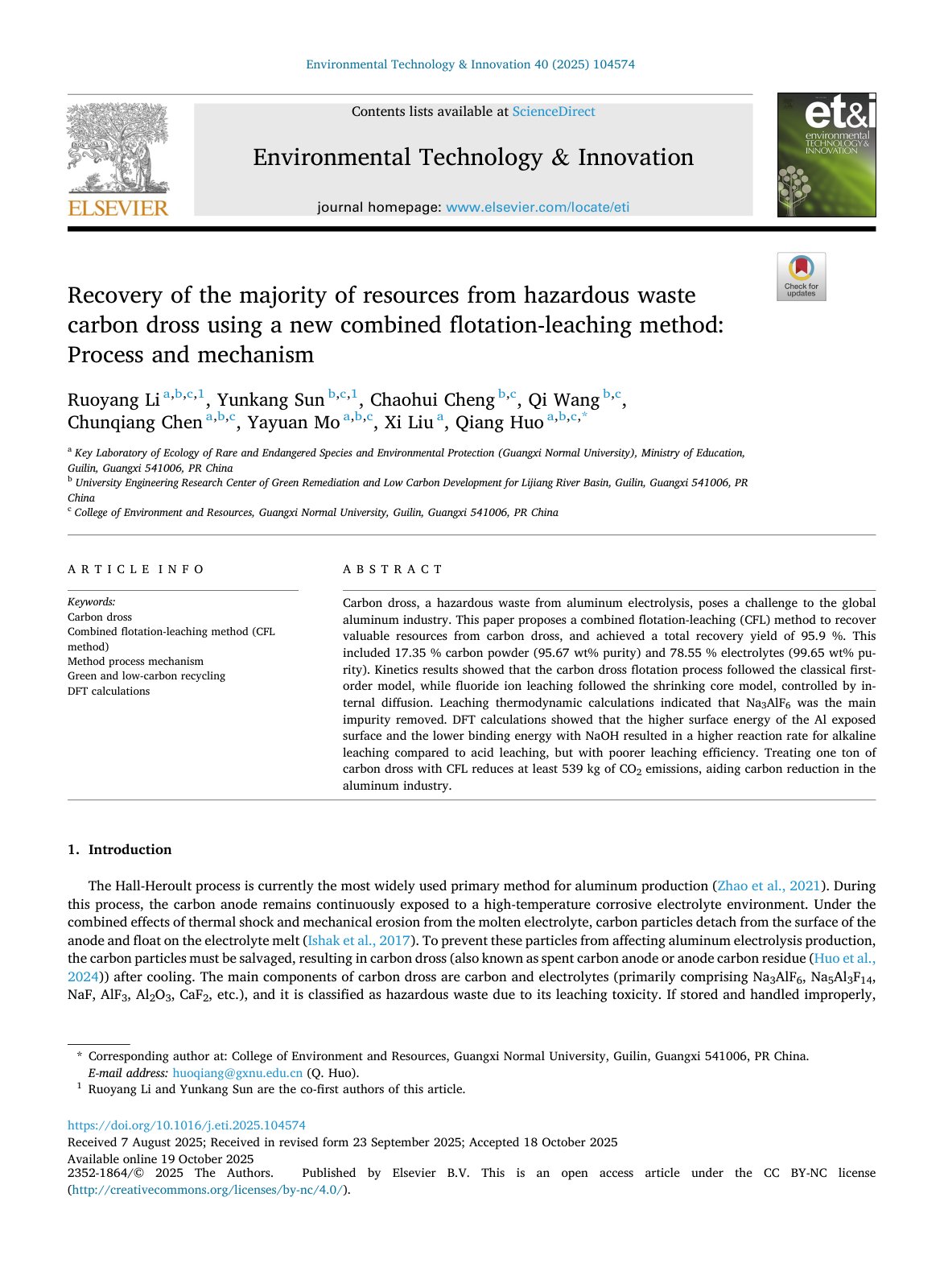 First page of Recovery of the majority of resources from hazardous was 2025 Environmental 