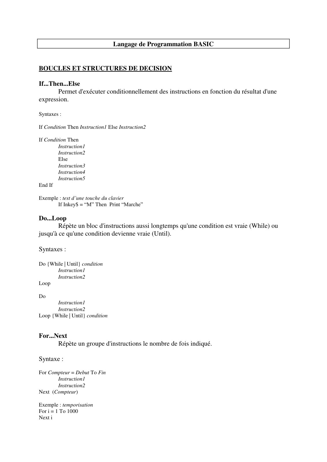 First page of Langage de Programmation BASIC