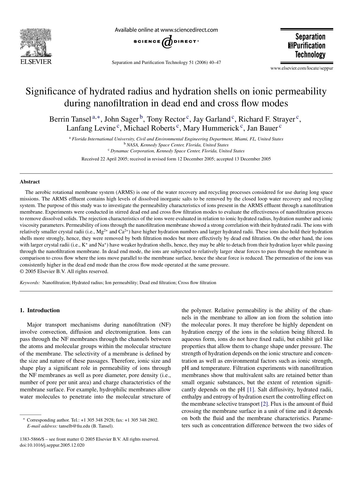 First page of Significance of hydrated radius and hydr
