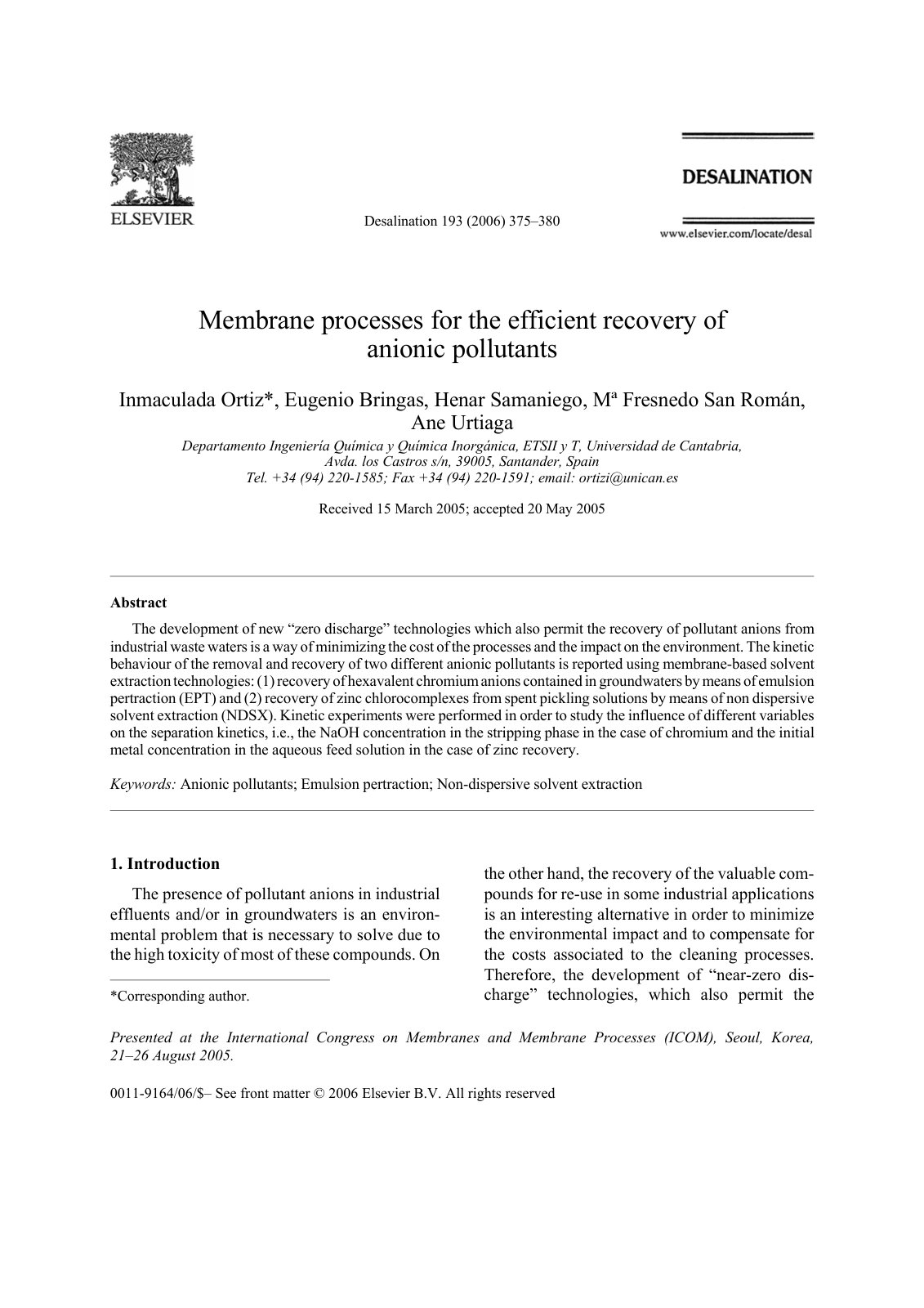 First page of Membrane processes for the efficient recovery of anionic pollutants
