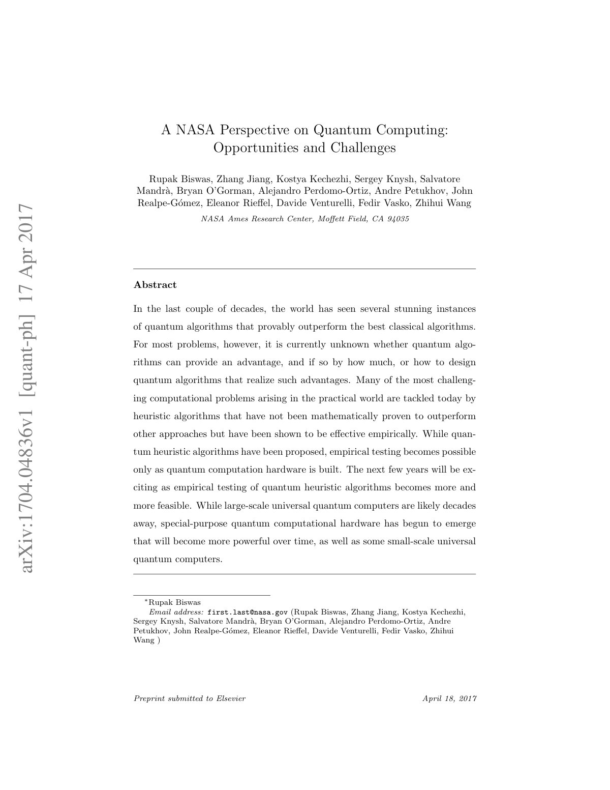 First page of A NASA Perspective on Quantum Computing: Opportunities and Challenges