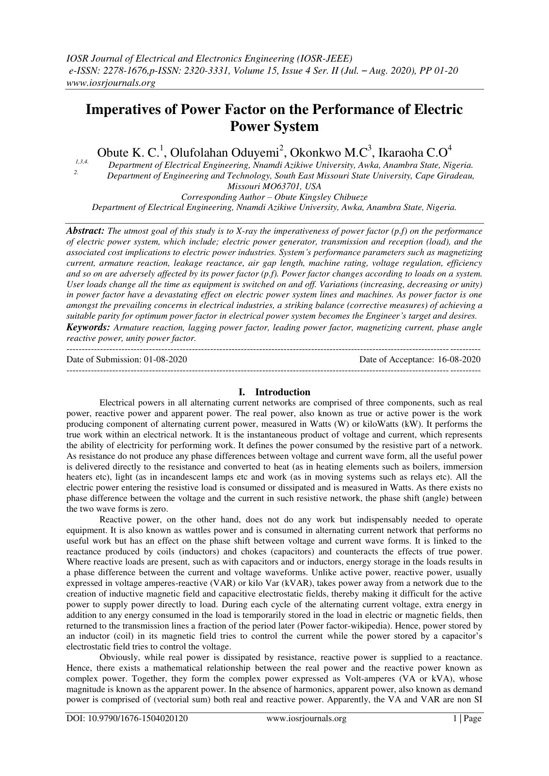 First page of Imperatives of Power Factor on the Performance of Electric Power System