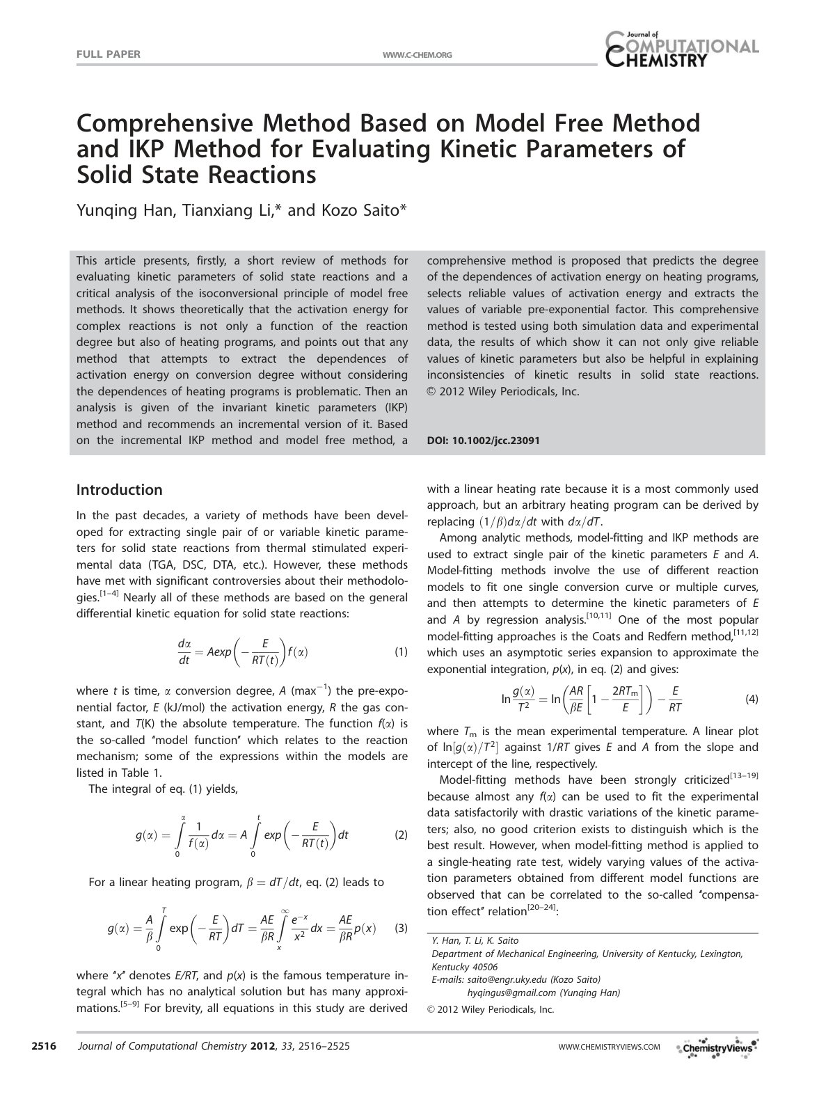 First page of Comprehensive Method Based on Model Free Method and IKP Method for Evaluating Kinetic Parameters of Solid State Reactions