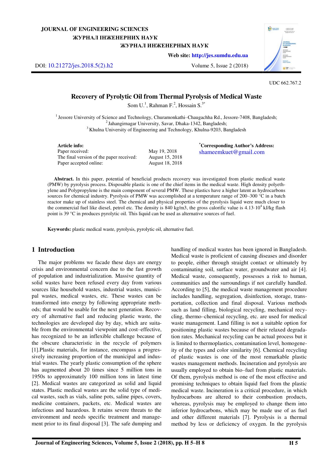 First page of Recovery of Pyrolytic Oil from Thermal P