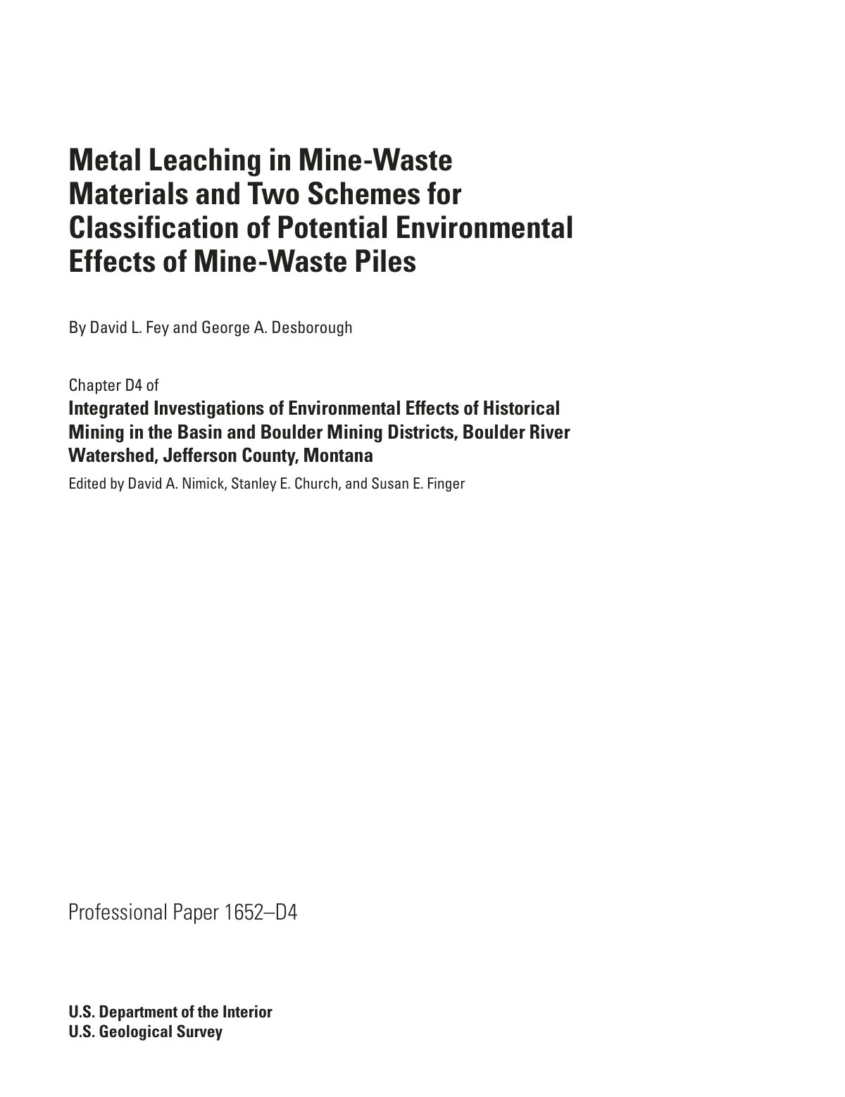 First page of Metal Leaching in Mine-Waste Materials and Two Schemes for Classification of Potential Environmental Effects of Mine-Waste Piles