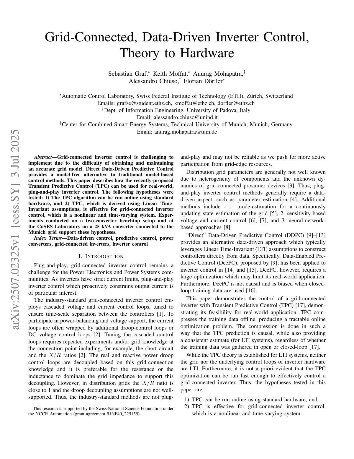 First page of Grid-Connected, Data-Driven Inverter Control, Theory to Hardware