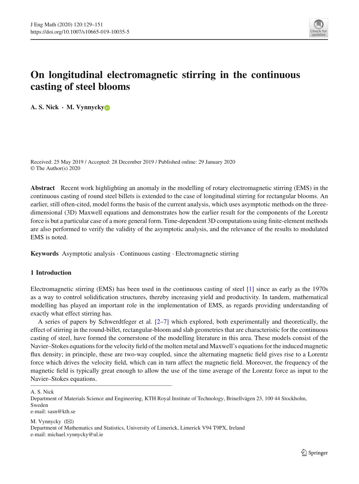 First page of On longitudinal electromagnetic stirring in the continuous casting of steel blooms