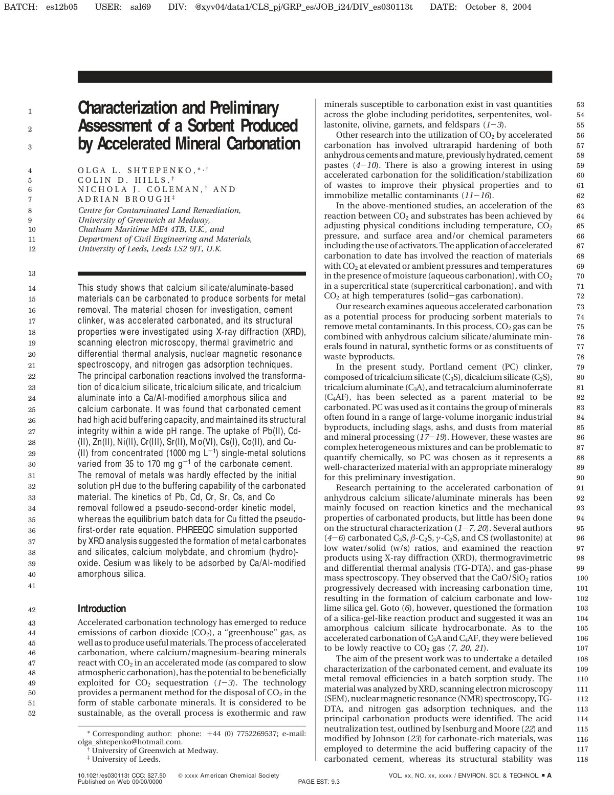 First page of Characterization and Preliminary Assessm