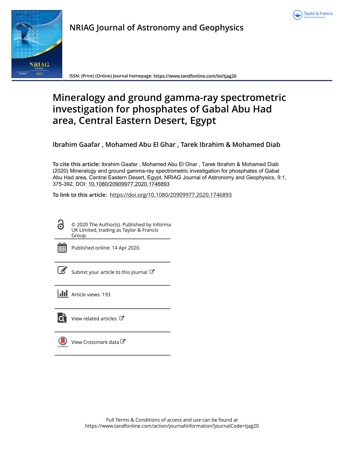 First page of Mineralogy and ground gamma-ray spectrometric investigation for phosphates of Gabal Abu Had area, Central Eastern Desert, Egypt