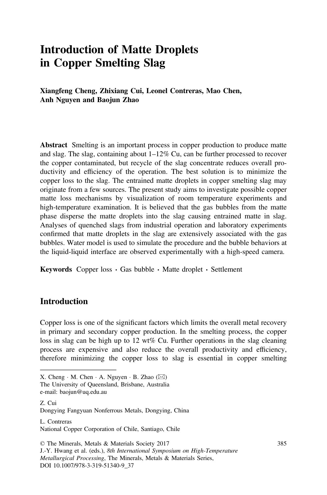 First page of Introduction of Matte Droplets in Copper Smelting Slag