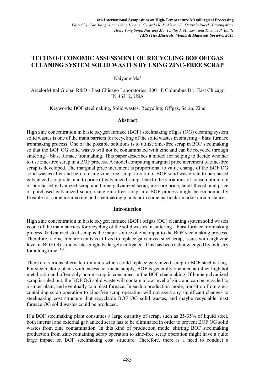First page of TECHNO-ECONOMIC ASSESSMENT OF RECYCLING BOF OFFGAS CLEANING SYSTEM SOLID WASTES BY USING ZINC-FREE SCRAP