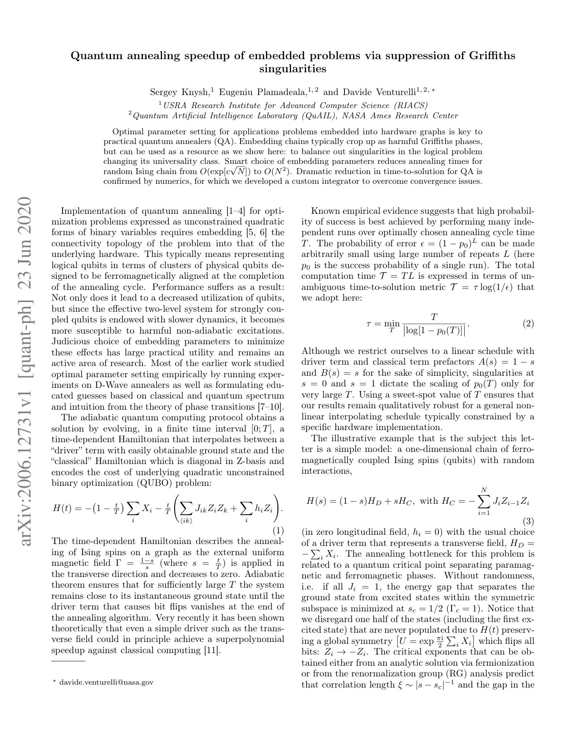 First page of Quantum annealing speedup of embedded problems via suppression of Griﬃths singularities