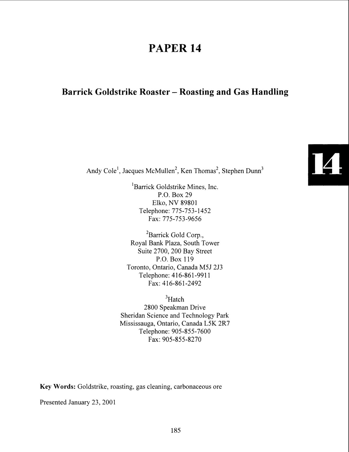 First page of Barrick Goldstrike Roaster - Roasting and Gas Handling