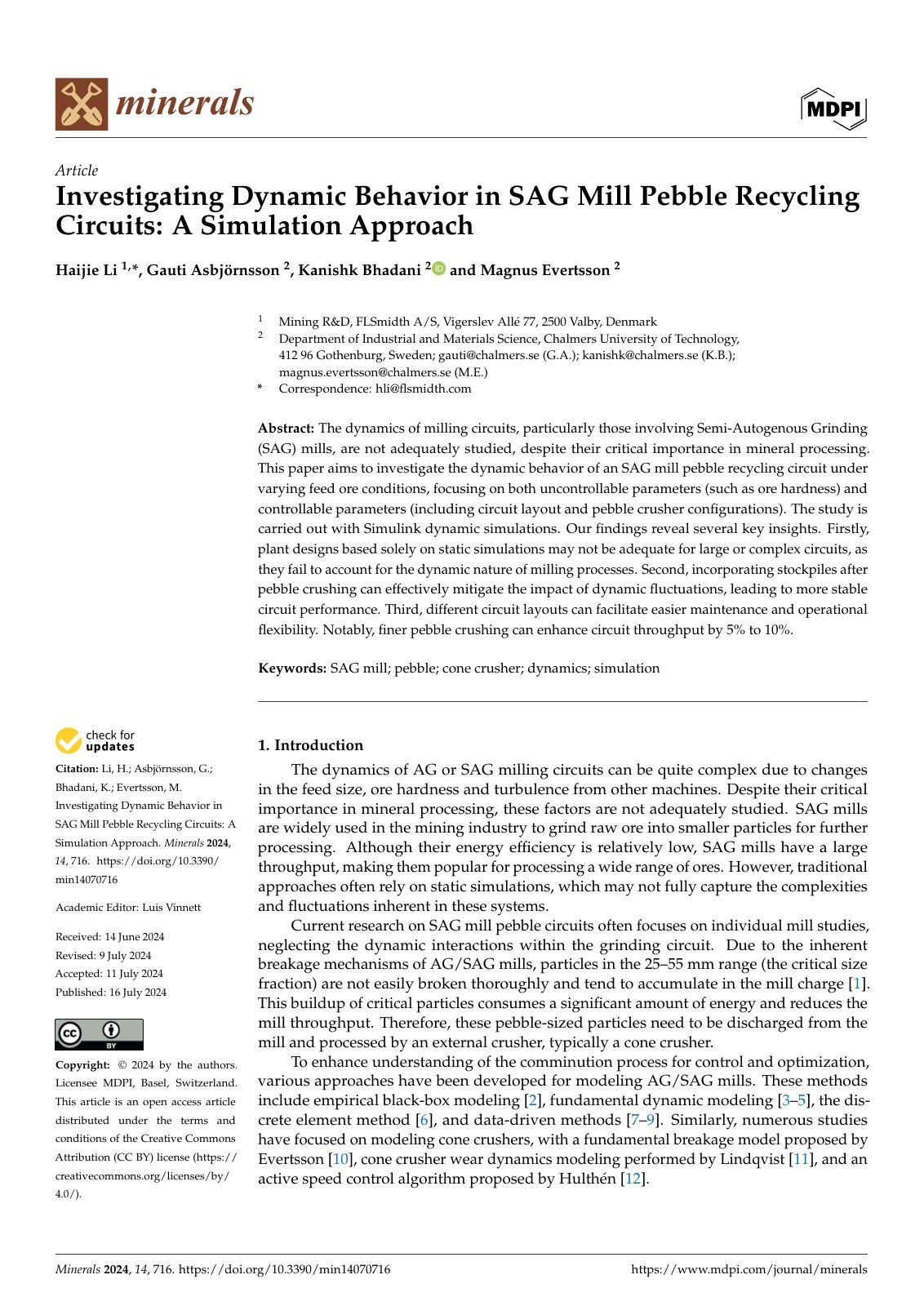 First page of Investigating Dynamic Behavior in SAG Mill Pebble Recycling Circuits: A Simulation Approach