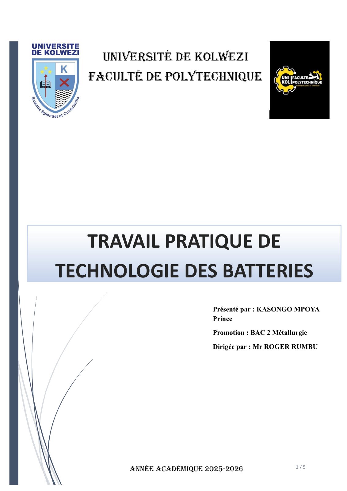 First page of TRAVAIL PRATIQUE DE TECHNOLOGIE DES BATTERIES