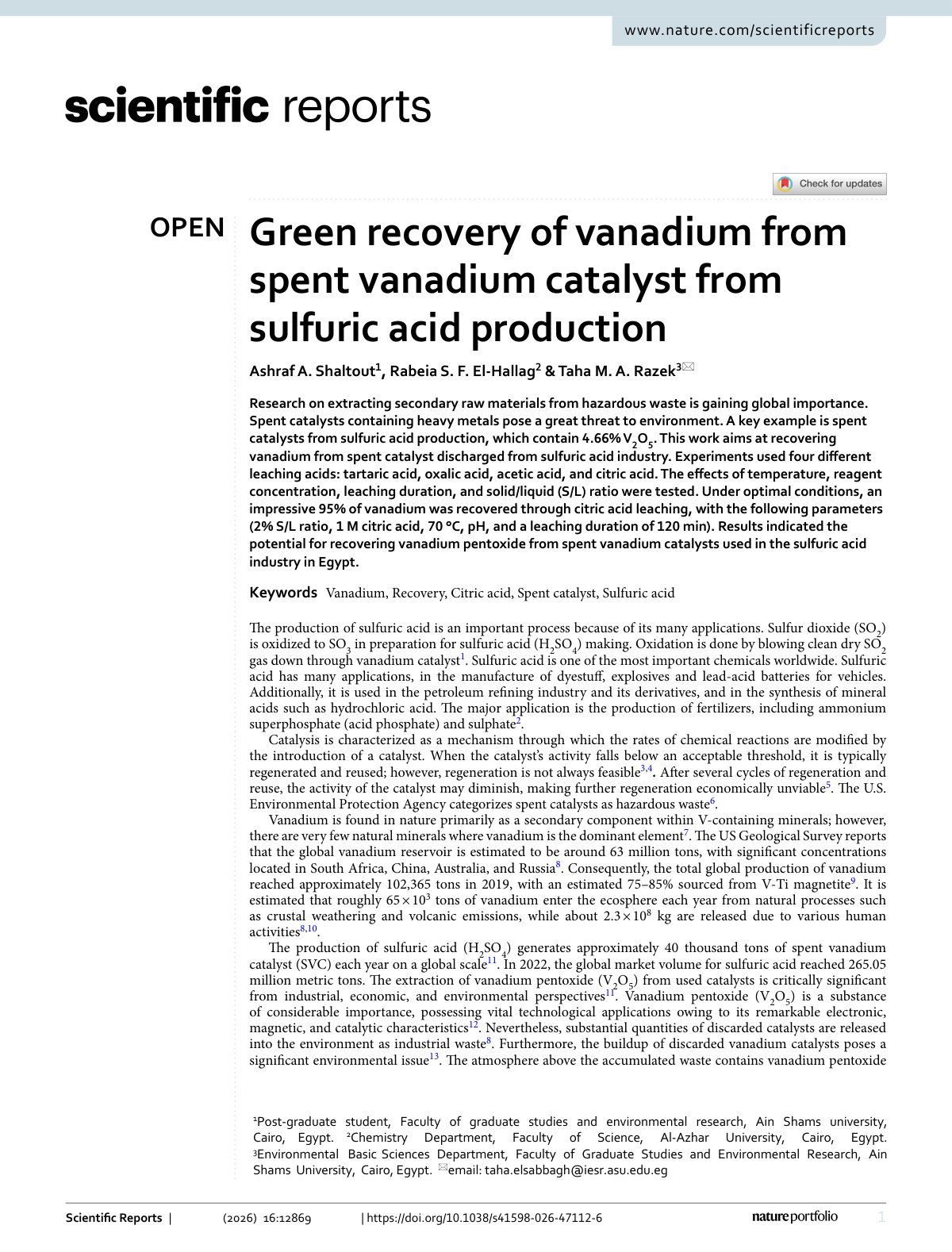 First page of Green recovery of vanadium from spent vanadium catalyst from sulfuric acid production