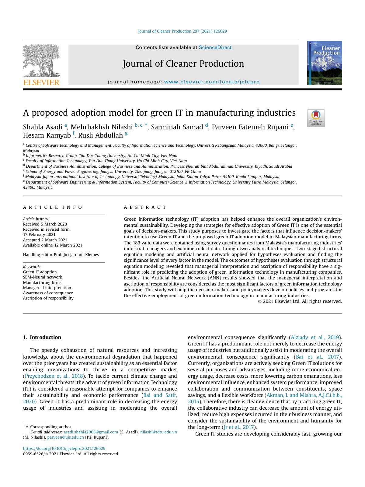 First page of A proposed adoption model for green IT i