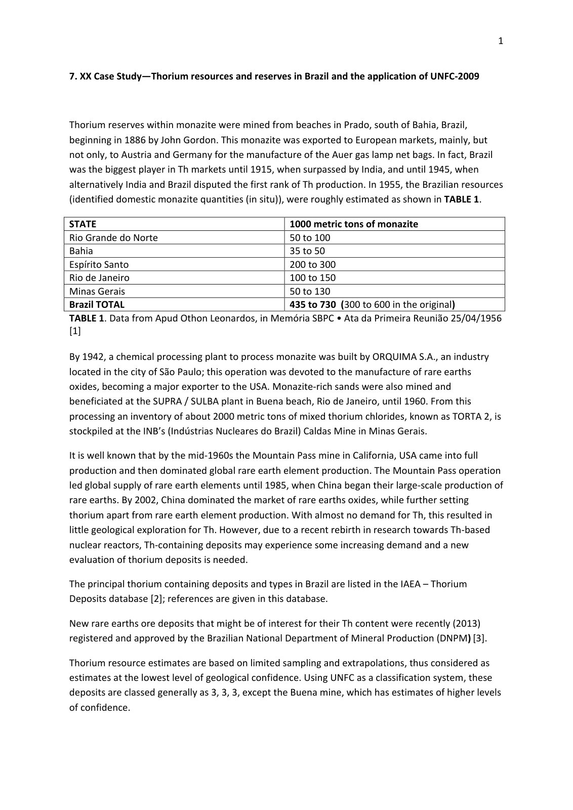 First page of XX Case Study—Thorium resources and reserves in Brazil and the application of UNFC-2009