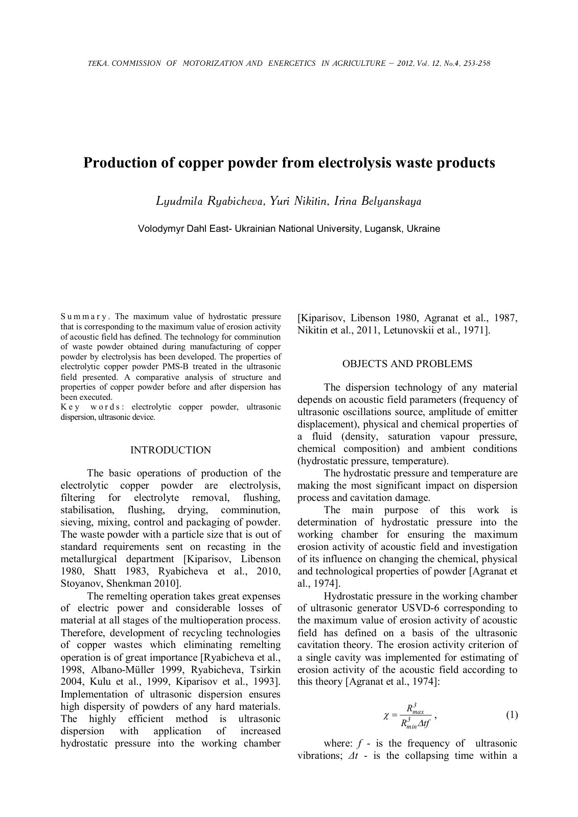 First page of Production of copper powder from electrolysis waste products