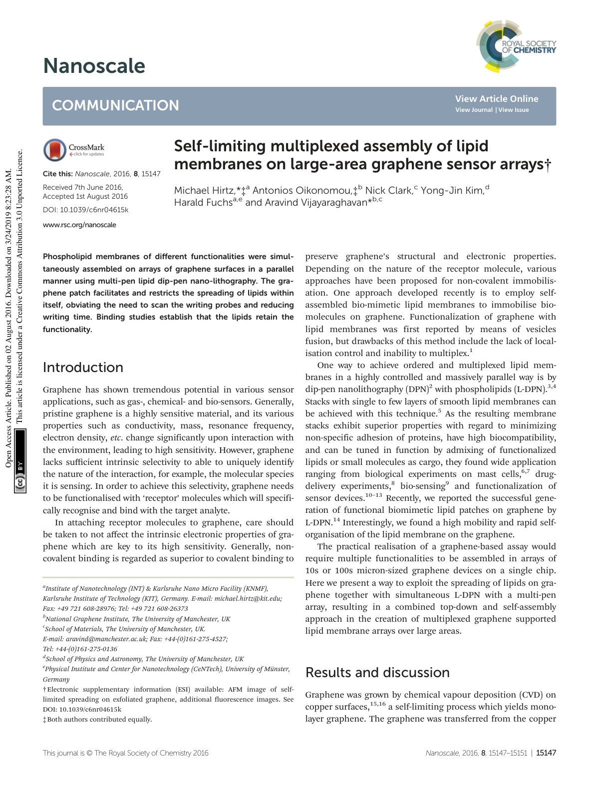 First page of Self limiting multiplexed assembly of li
