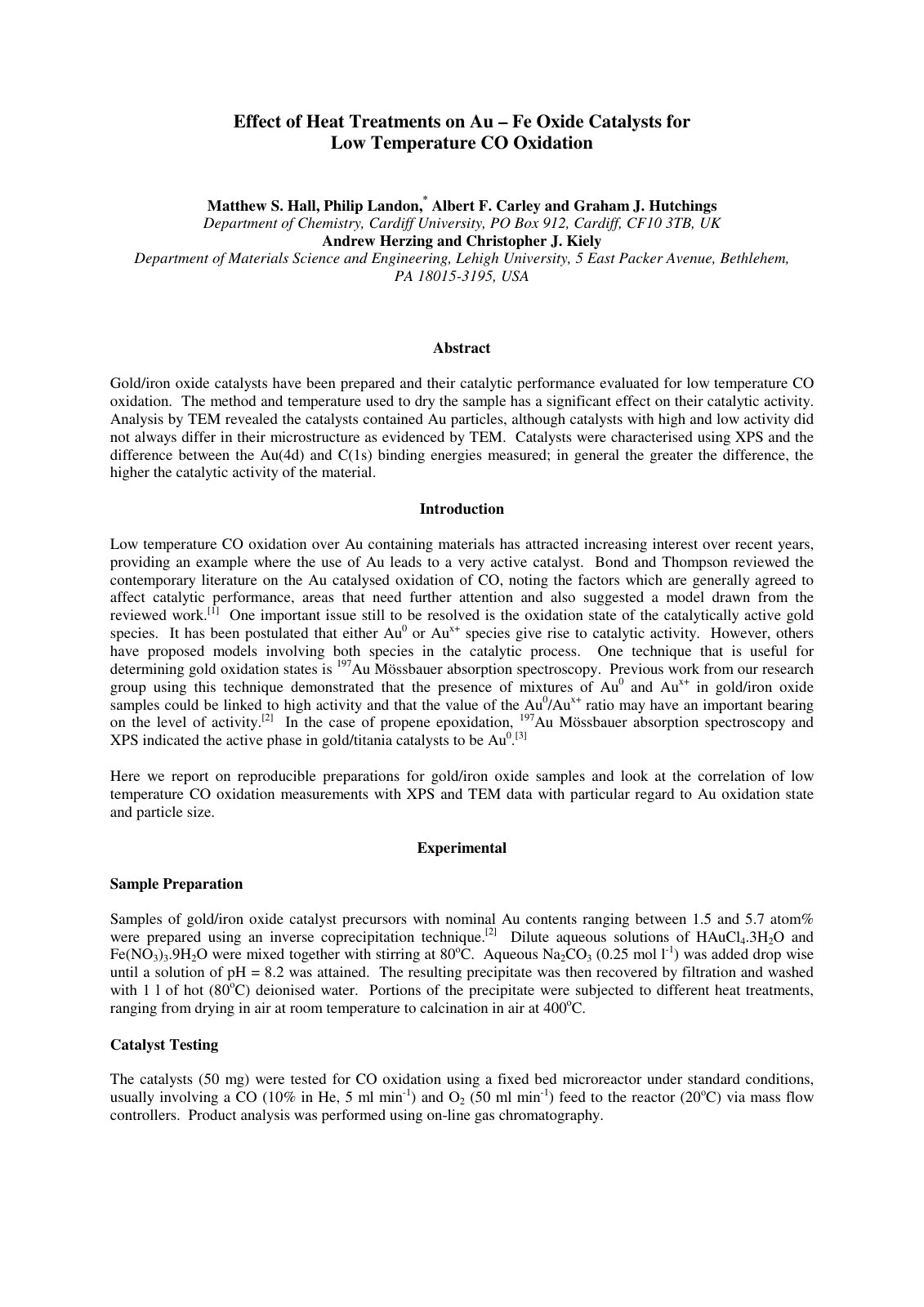 First page of Effect of Heat Treatments on Au – Fe Oxide Catalysts for Low Temperature CO Oxidation