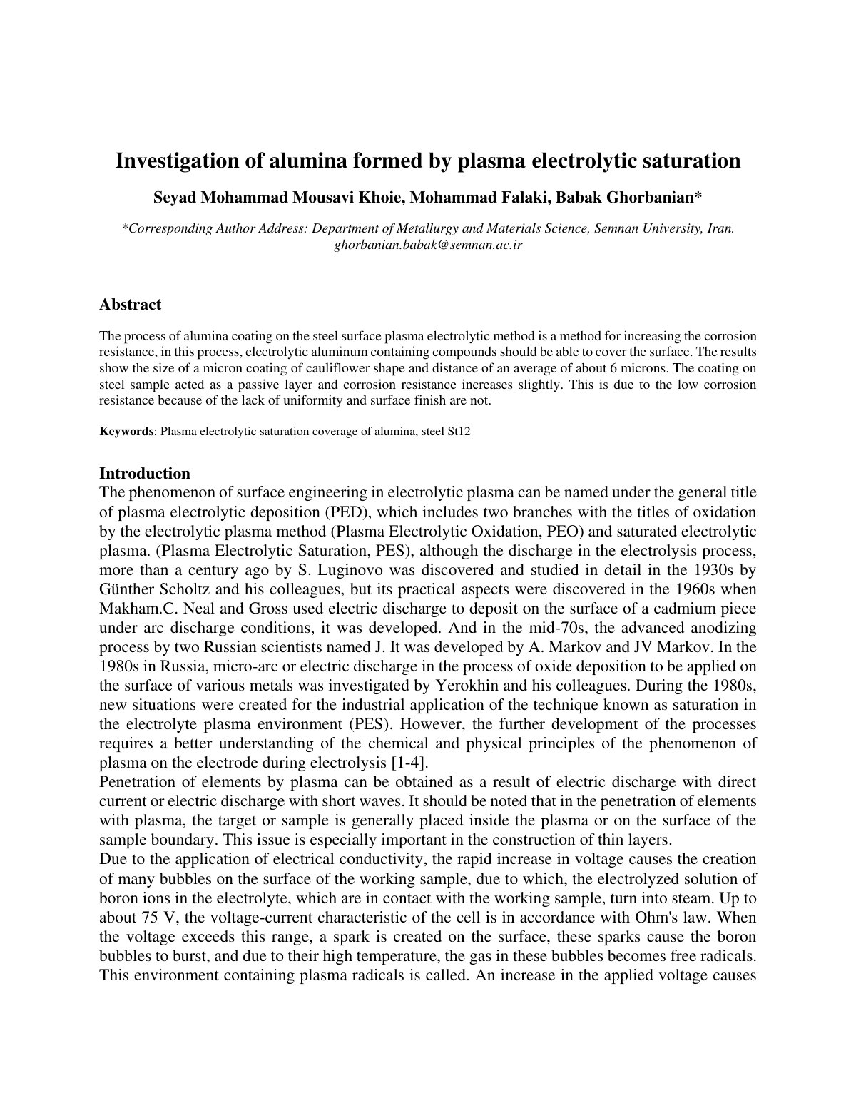 First page of Investigation of alumina formed by plasma electrolytic saturation