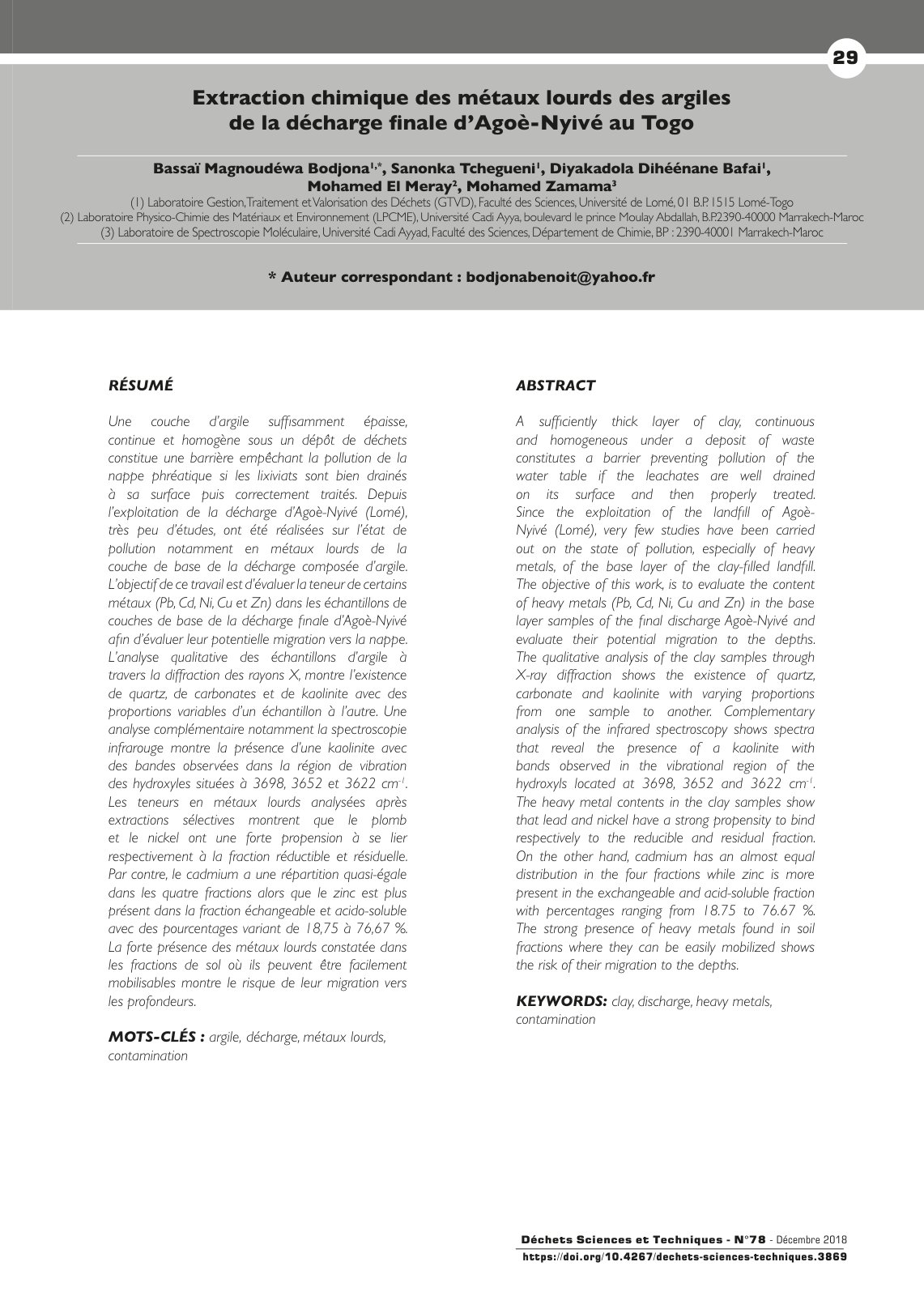 First page of Extraction chimique des metaux lourds de
