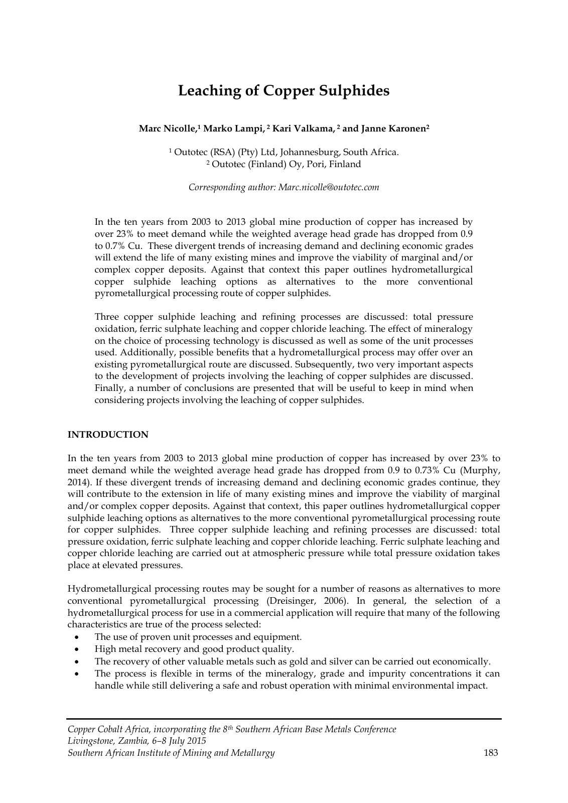 First page of Leaching of Copper Sulphides
