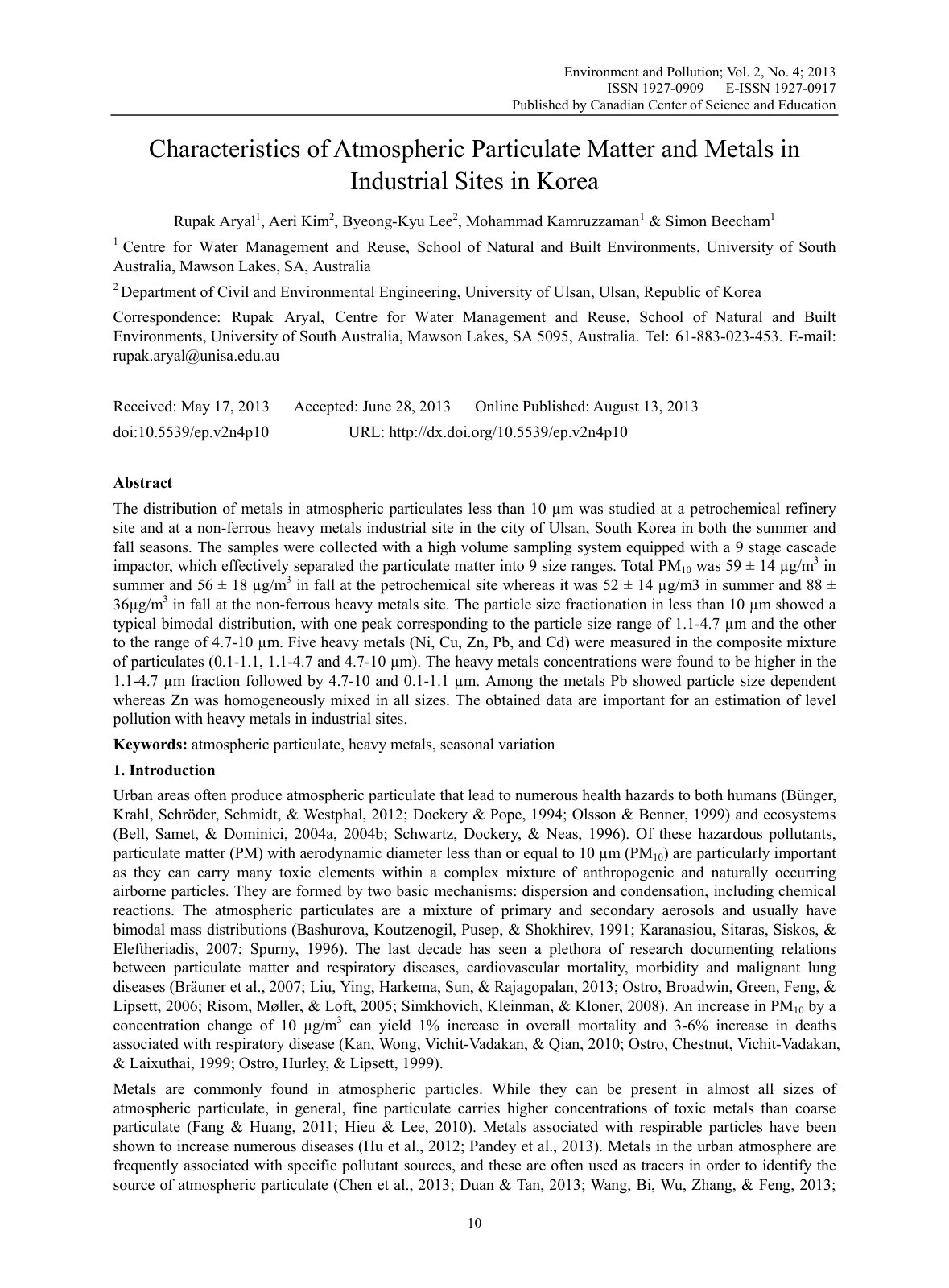 First page of Characteristics of Atmospheric Particulate Matter and Metals in Industrial Sites in Korea
