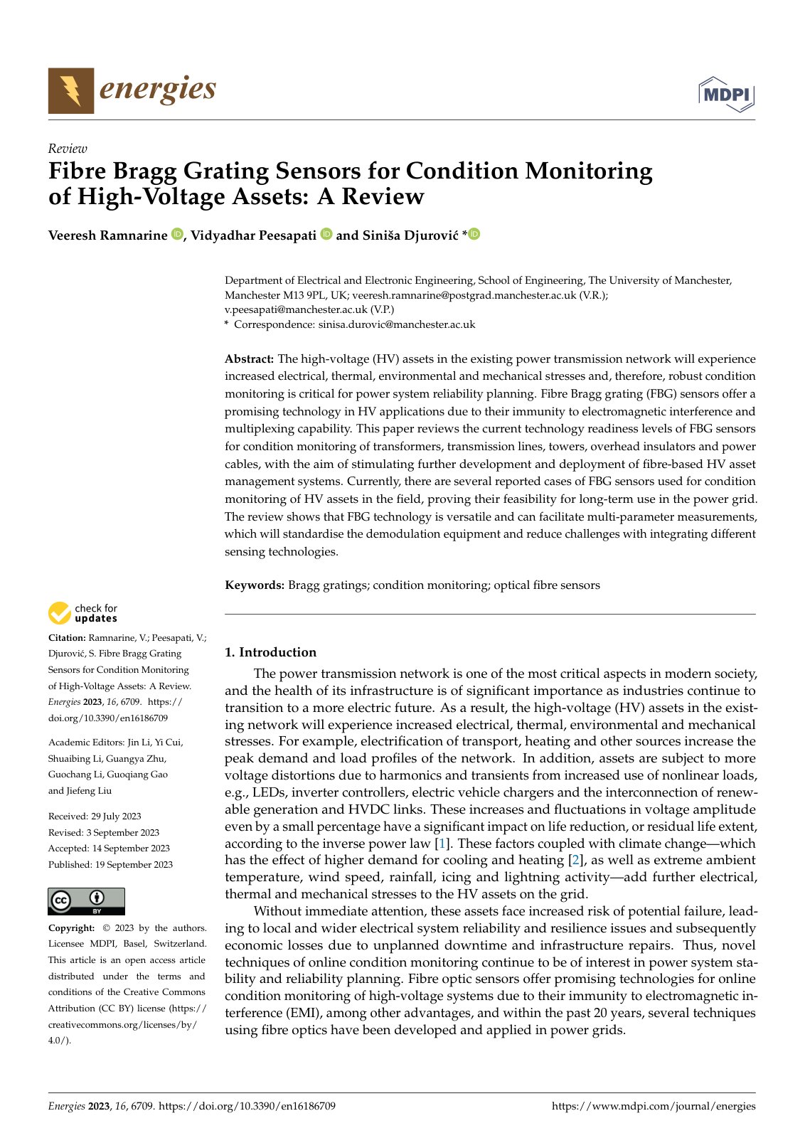 First page of Fibre Bragg Grating Sensors for Condition Monitoring of High-Voltage Assets: A Review