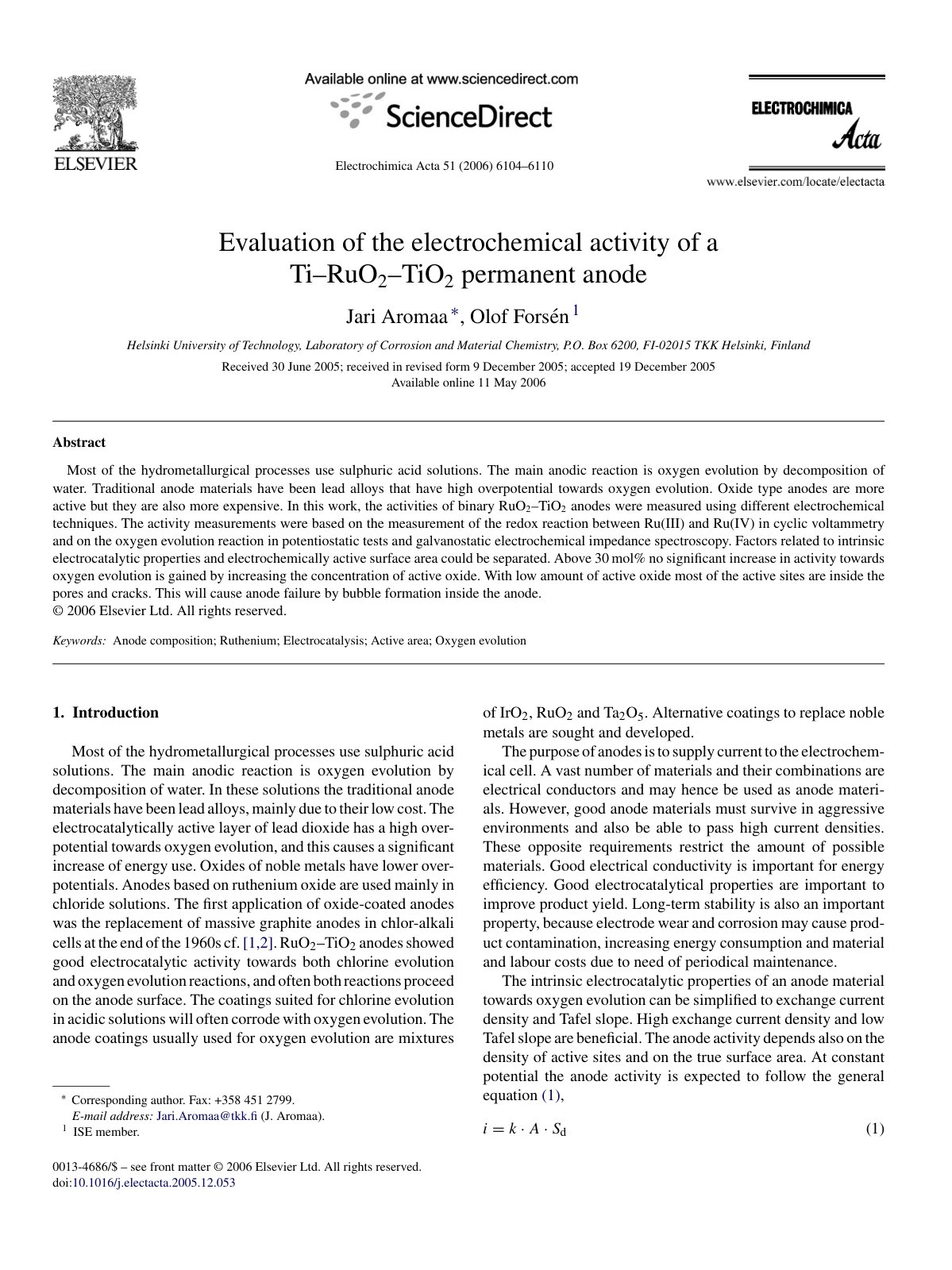 First page of Evaluation of the electrochemical activi