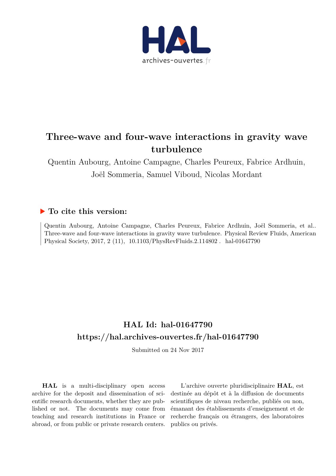 First page of Three-wave and four-wave interactions in gravity wave turbulence