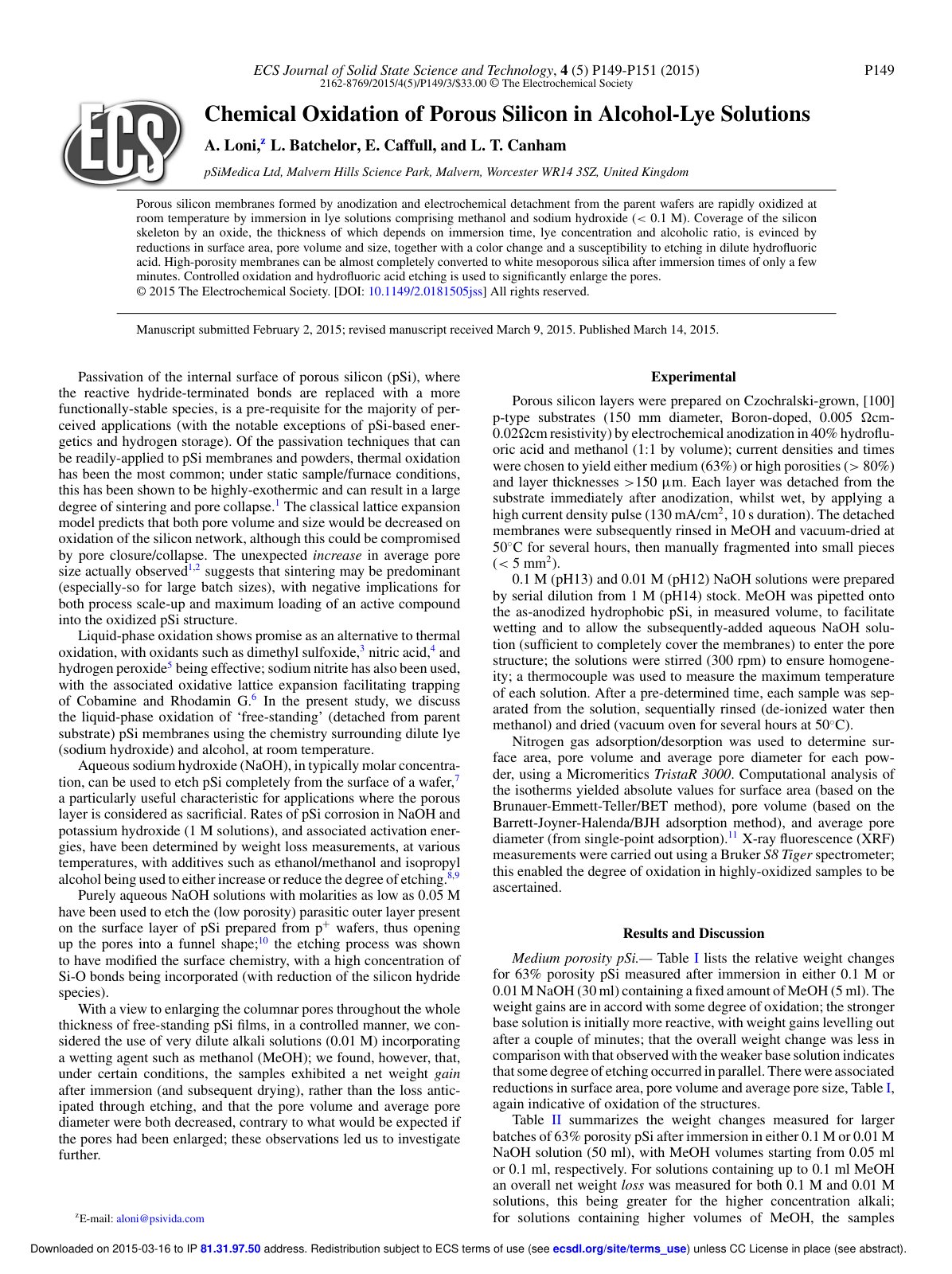 First page of Chemical Oxidation of Porous Silicon in