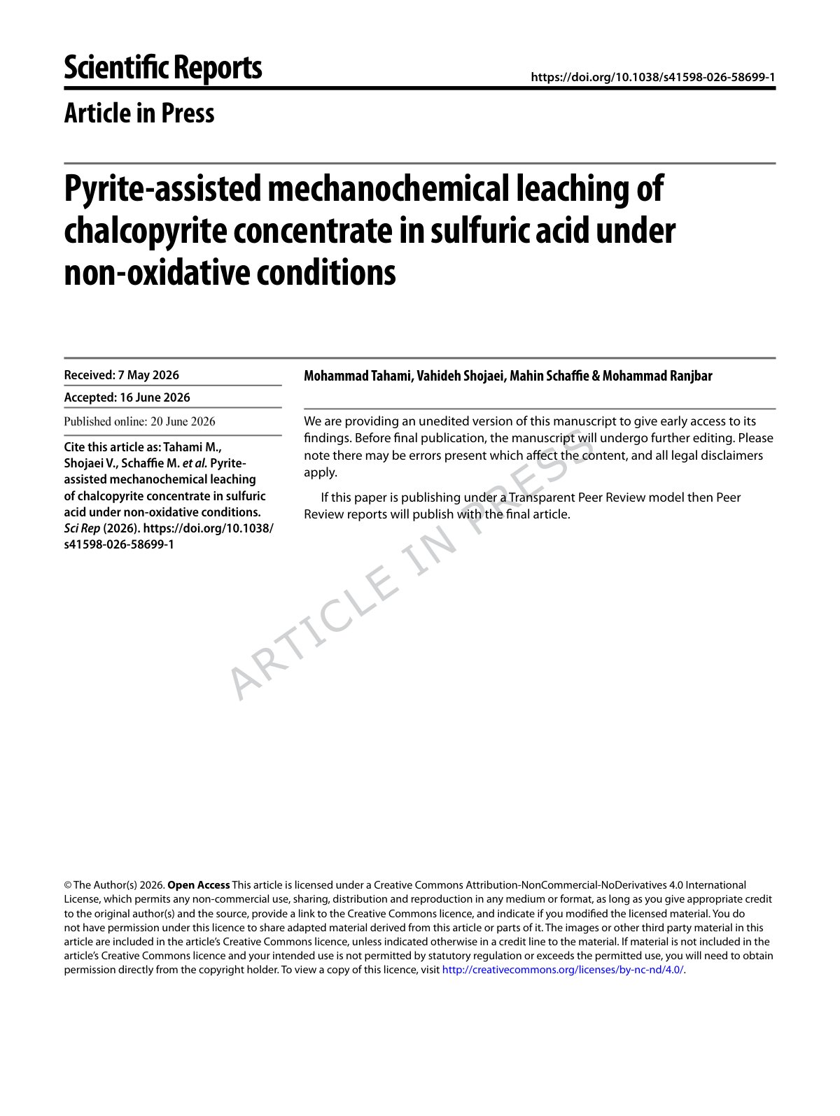 First page of Pyrite-assisted mechanochemical leaching of chalcopyrite concentrate in sulfuric acid under non-oxidative conditions